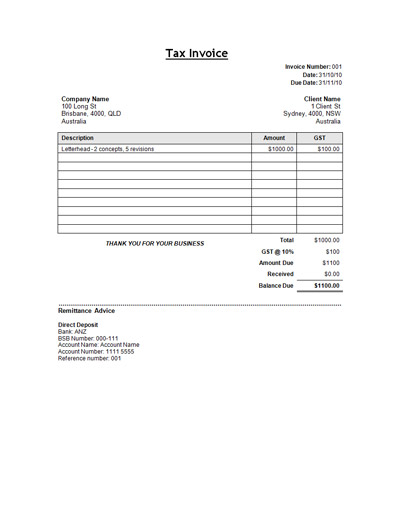 word document tax invoice template